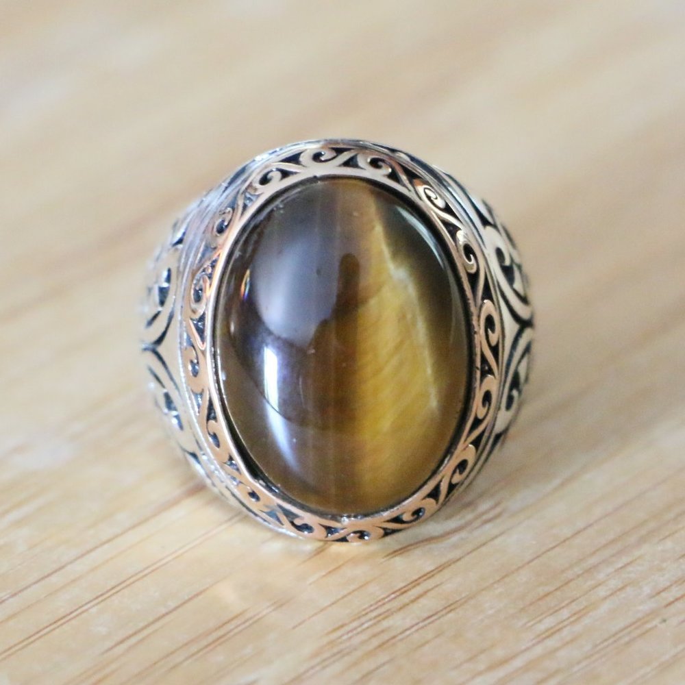 925 Sterling Silver Men's Ring with Tiger Eye -Super Elegant - Picture 8 of 10